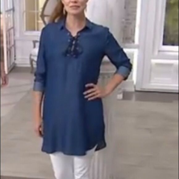 Du Jour Long Sleeves Lace Front Tencel Denim Tunic - Picture 1 of 11
